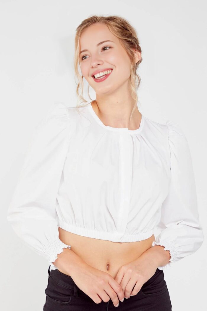 Elegant Leni Riefenstahl White Dirndl Blouse With Puff Sleeves
