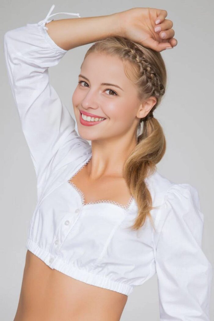 Marlene White Dirndl Blouse with Lace Trim & Long Sleeves