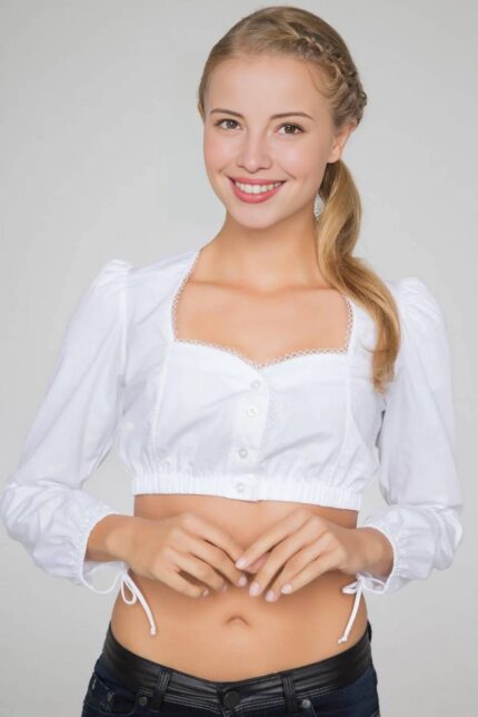 Marlene White Dirndl Blouse with Lace Trim & Long Sleeves